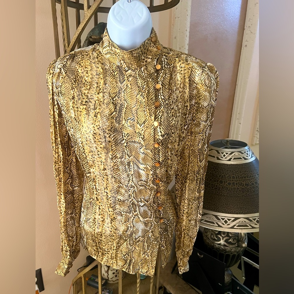 ADRIANNA PAPELL Snake Print Side Button down Closure, High Neck 100% Silk Blouse
